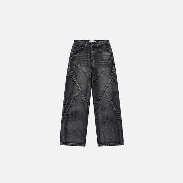 Front view of the black Crisscross Denim Jeans in a gray background