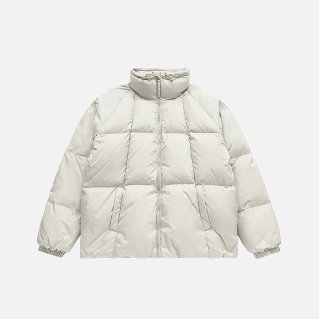 Front view of the white High-Neck Puffer Jacket in a gray background