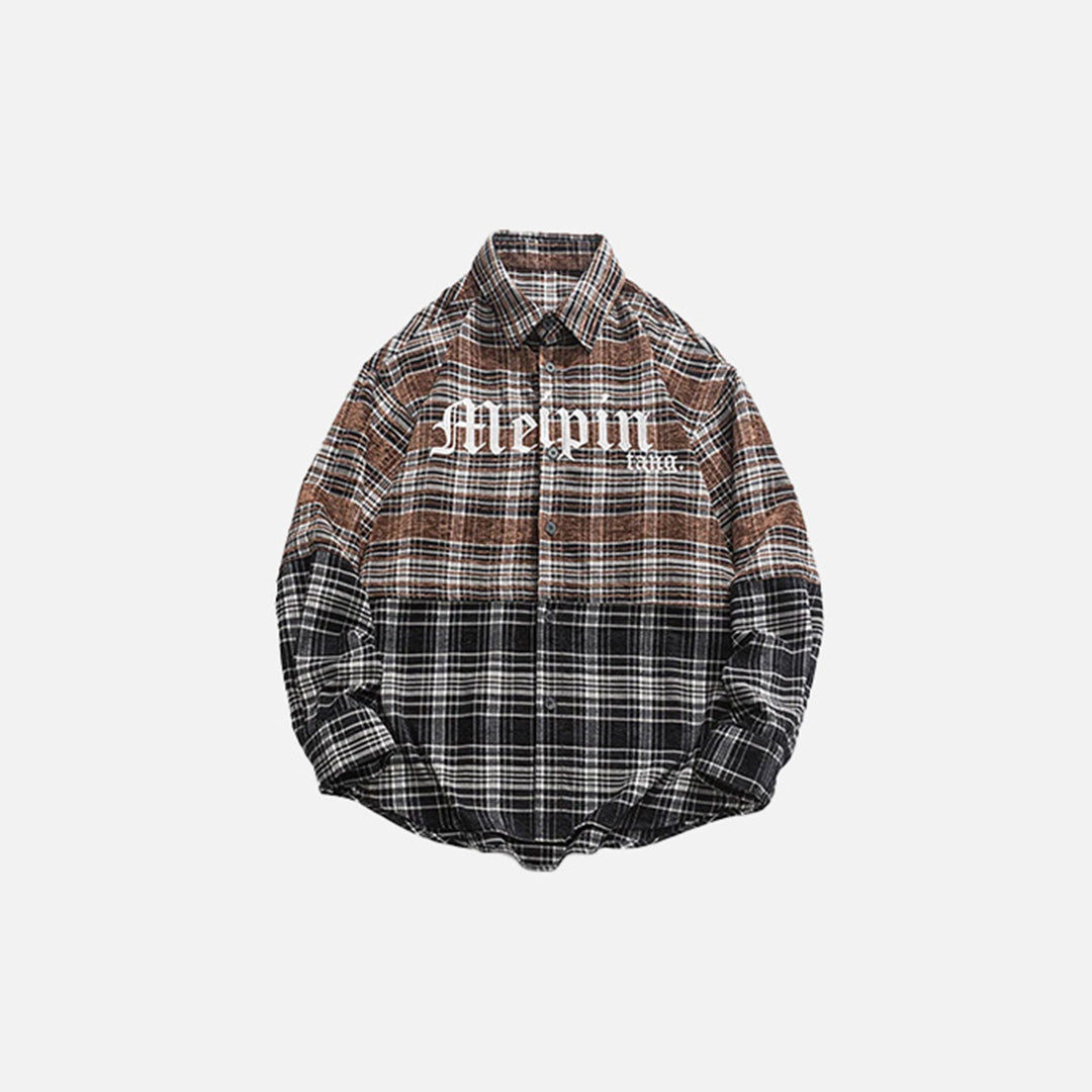 Front view of the khaki Urban Plaid Shirt in a gray background