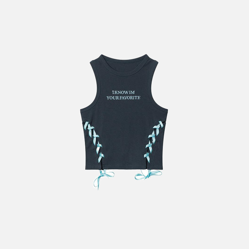 Front view of the blue Women's Embroidery Straps Tank Top in a gray background