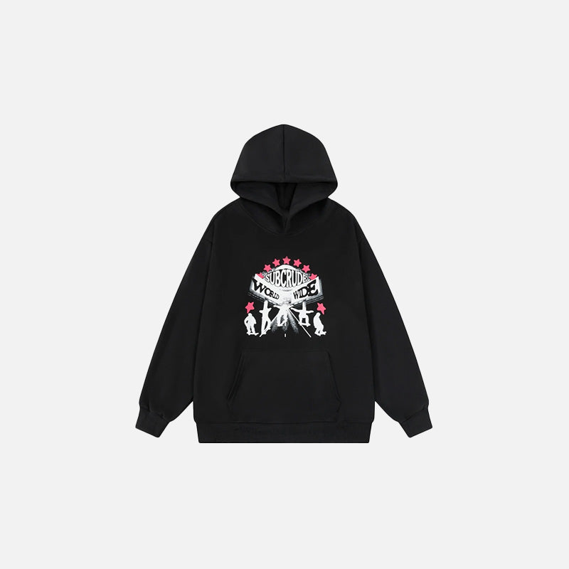 Front view of the black World Tour Icon Hoodie in a gray background