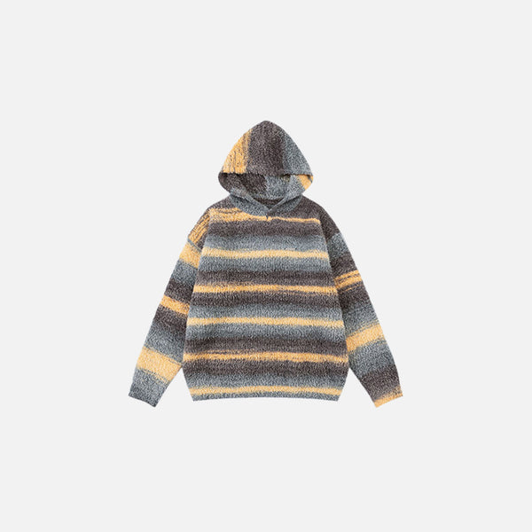 Front view of the coffee Cozy Striped Knit Hoodie in a gray background