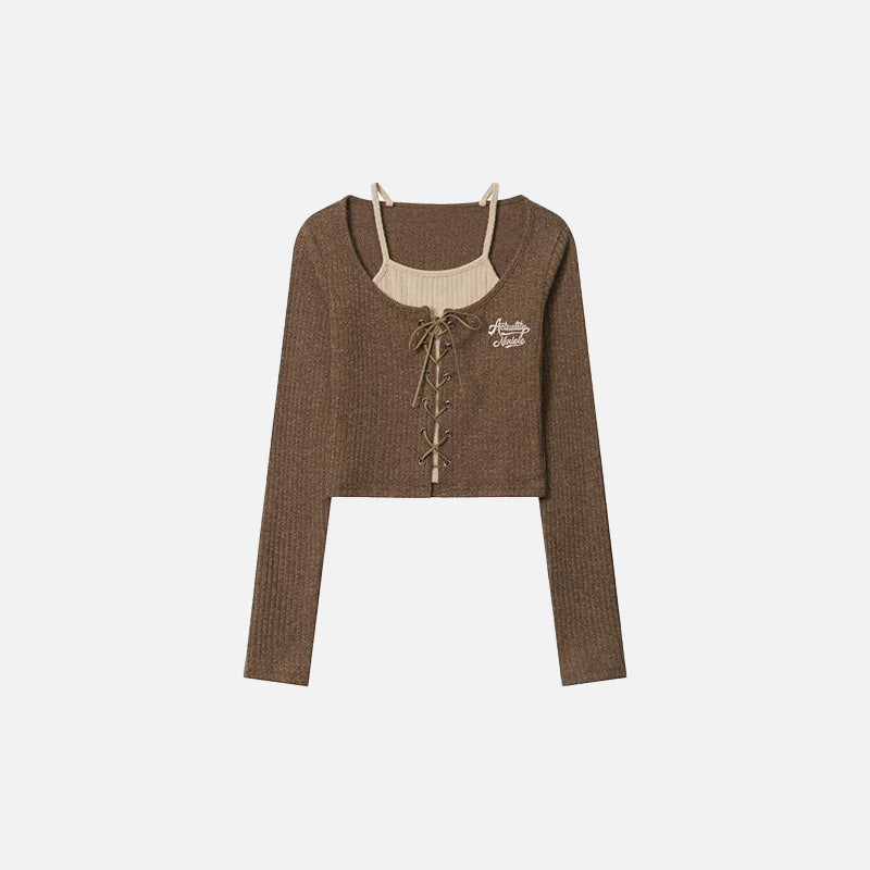 Front view of the brown Women's Laced Elegant Layered Cardigan  in a gray background