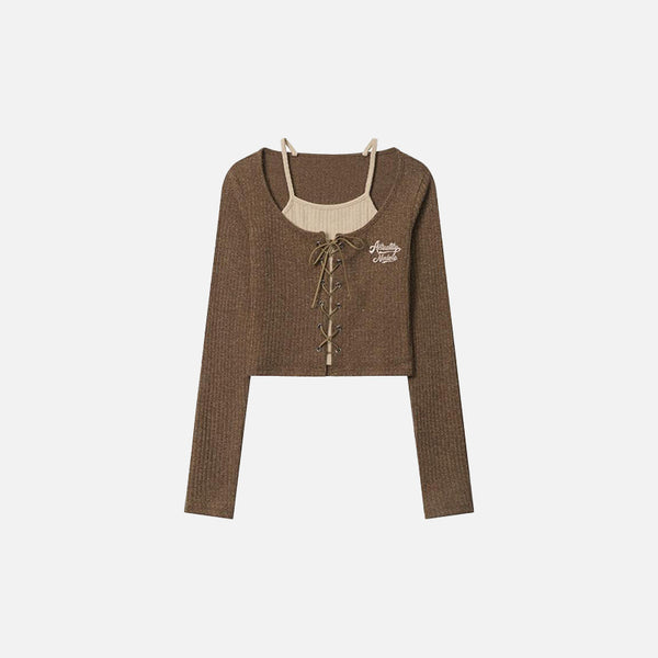 Front view of the brown Women's Laced Elegant Layered Cardigan  in a gray background