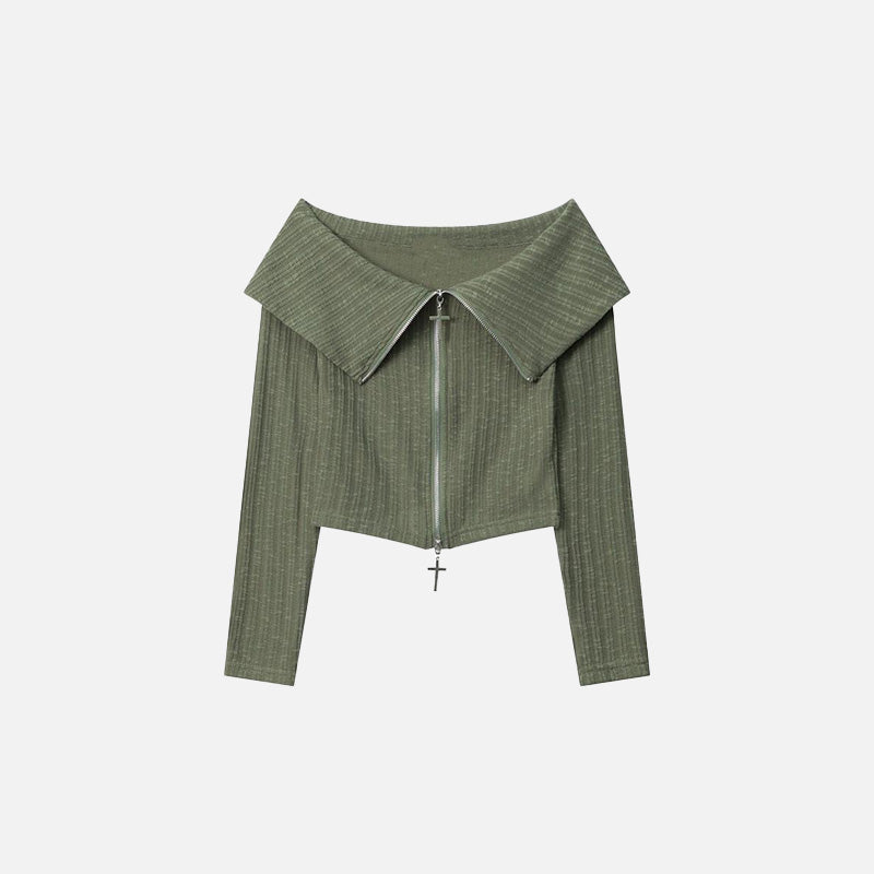 Front view of the green Women's Retro Zip-up Cardigan in a gray background