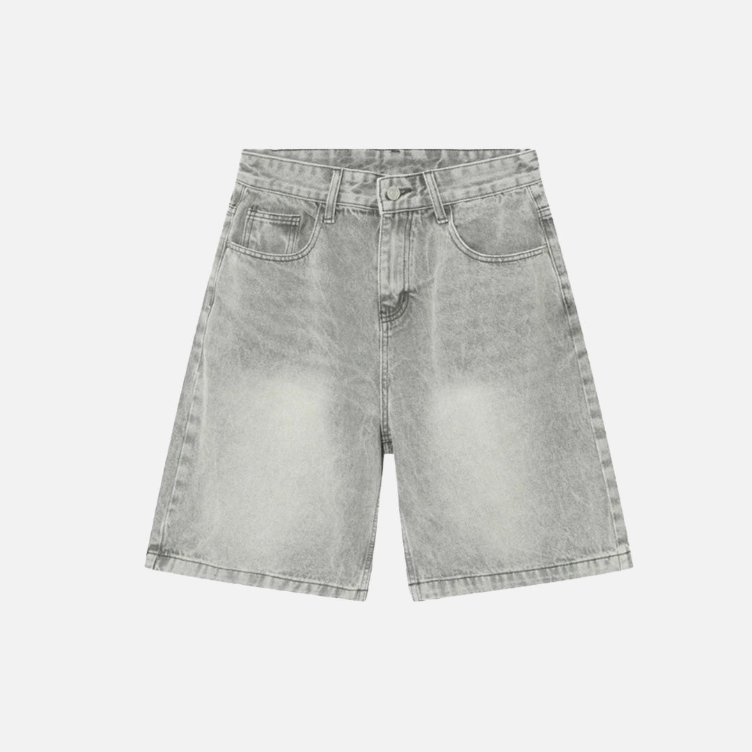 Front view of the gray Retro Chic Denim Shorts in a gray background