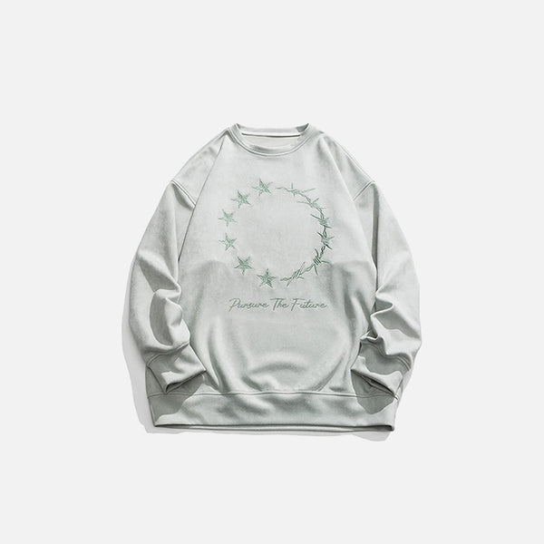 Front view of the green Loose  Embroidered Sweatshirt in a gray background