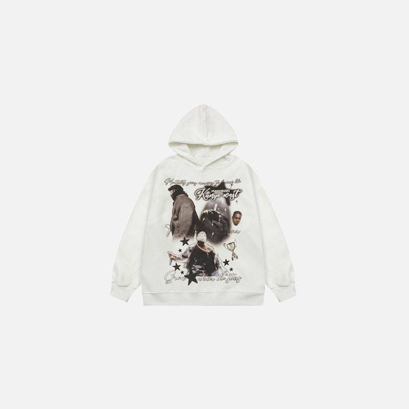 Front view of the white Cosmic Icons Hoodie in a gray background