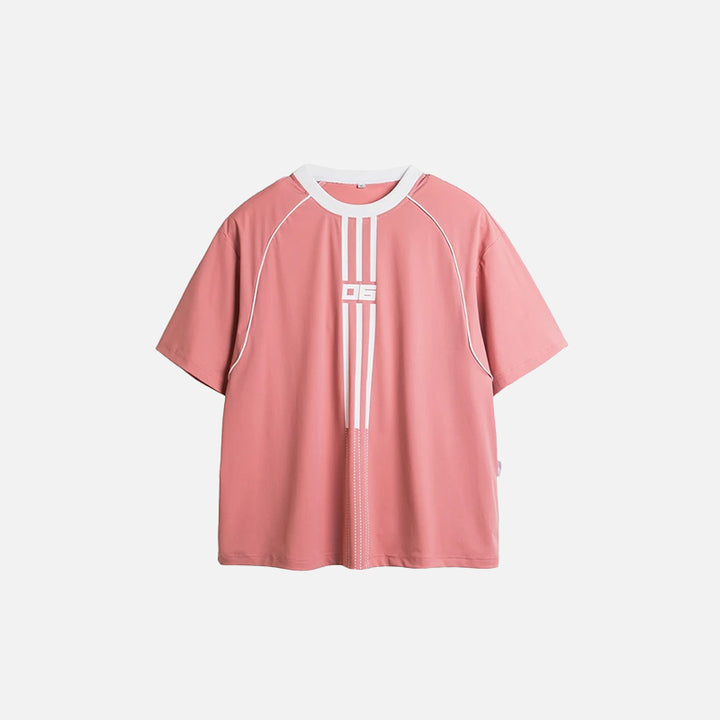 Front view of the pink Retro Raglan Striped T-shirt in a gray background