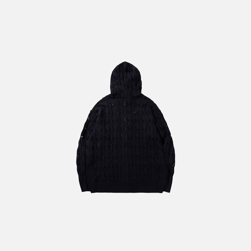 Back view of the black Textured Knitted Hooded Sweater in a gray background