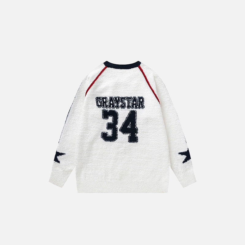 Back view of the white Craystar Champion Jersey Sweater in a gray background