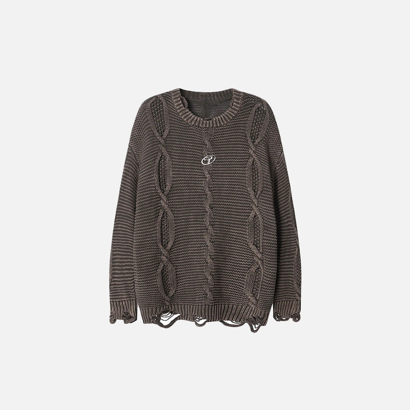 Front view of the brown Twisted Cable Knit Sweater in a gray background