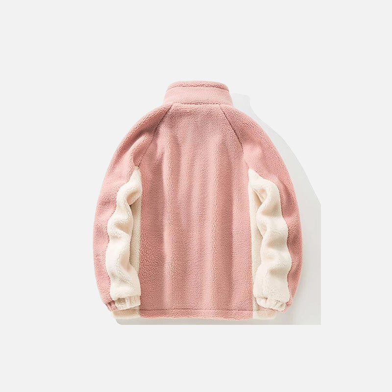 Back view of the pink Fluffy Fleece Zip-up Fuzzy Jacket in a gray background