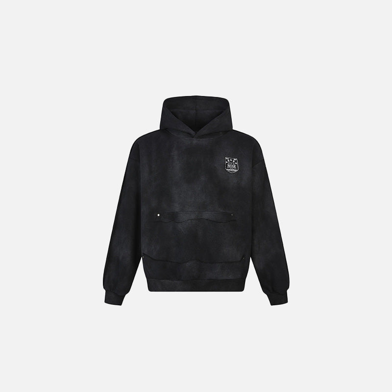 Front view of the black Shield Emblem Hoodie in a gray background