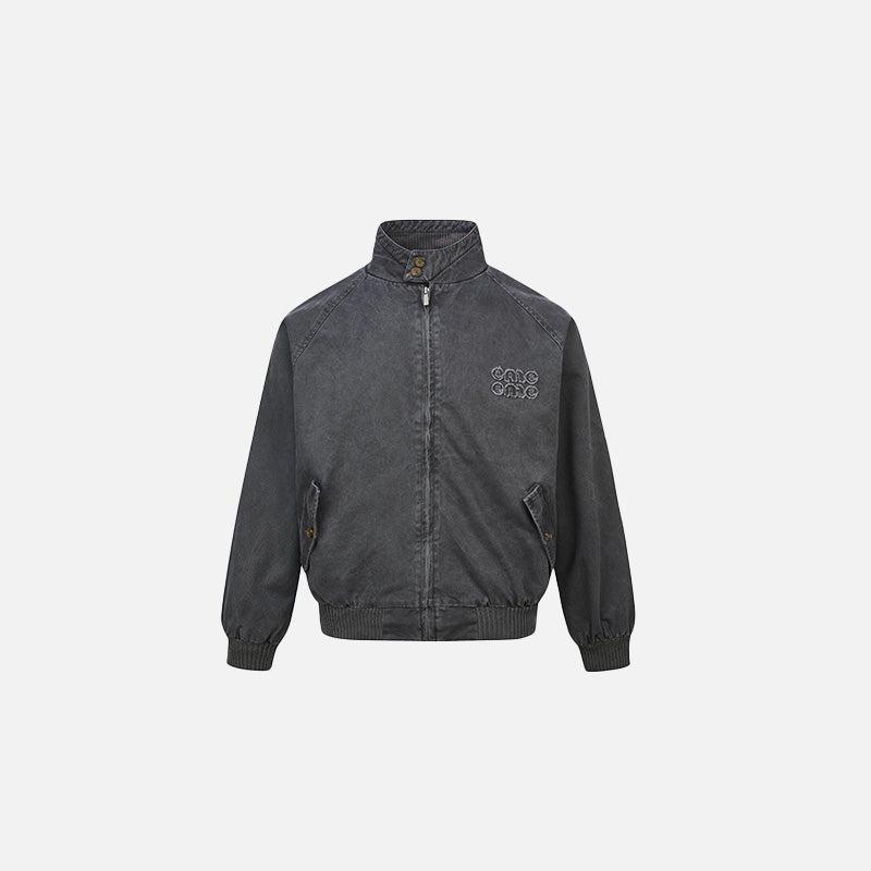 Front view of the dark gray Retro Vintage Zip-Up Jacket in a gray background