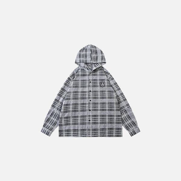 Front view of the grey Plaid Hooded Button-Up Shirt in a gray background