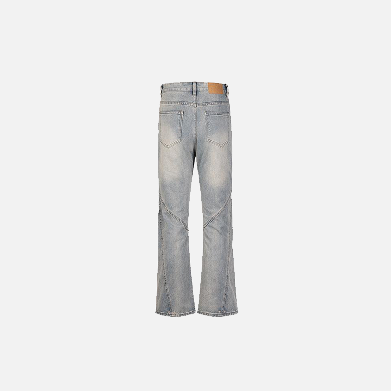 Back view of the blue Vintage Inspired Distressed Flare Jeans in a gray background