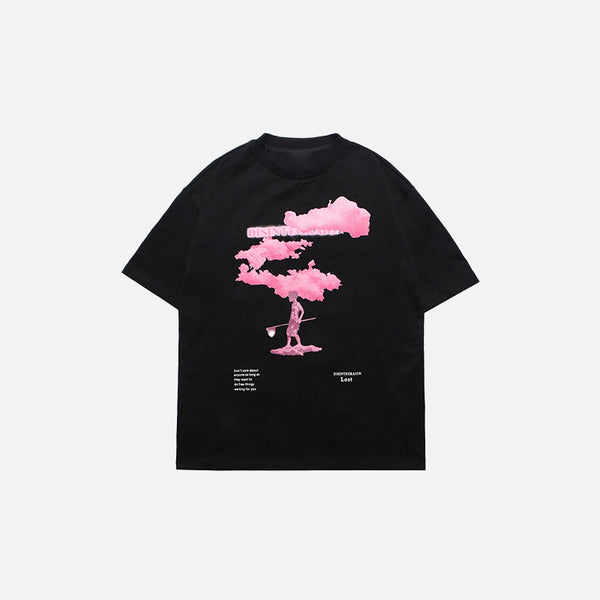 Front view of the black Pink Wanderlust T-shirt in a gray background