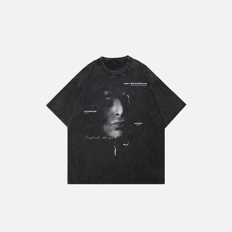 Front view of the black Mystic Gaze Washed T-shirt in a gray background