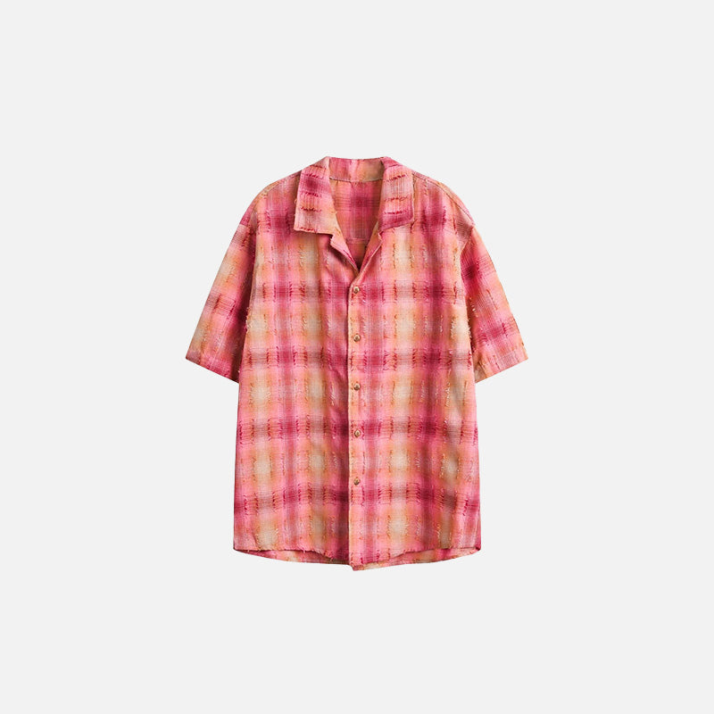 Front view of the pink Women's Plaid Short-Sleeve Shirt in a gray background