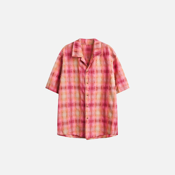 Front view of the pink Women's Plaid Short-Sleeve Shirt in a gray background