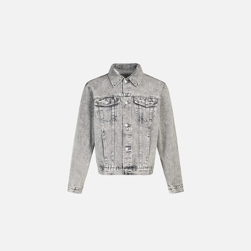 Front view of the gray Classic Denim Trucker Jacket in a gray background