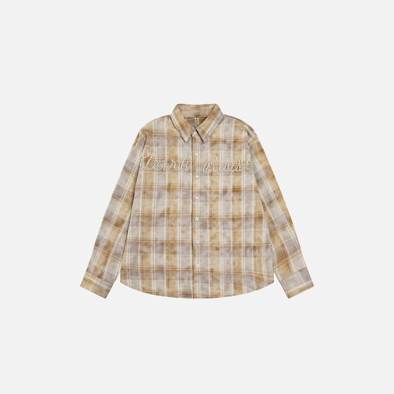 Front view of the yellow Plaid Button-Up Shirt in a gray background