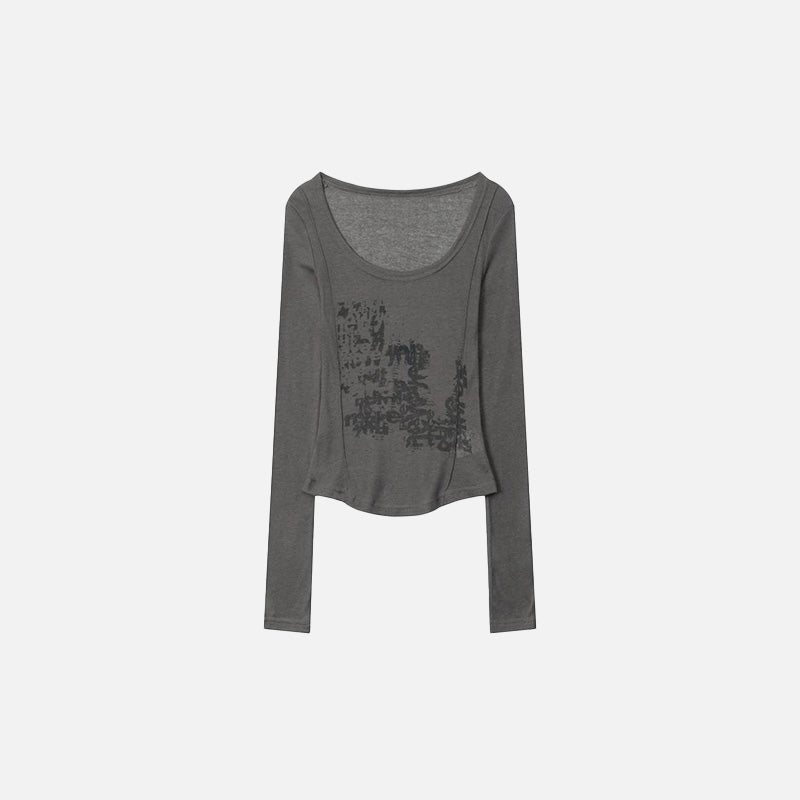 Front view of the dark gray Abstract Print Long-Sleeve Women's T-shirt in a gray background