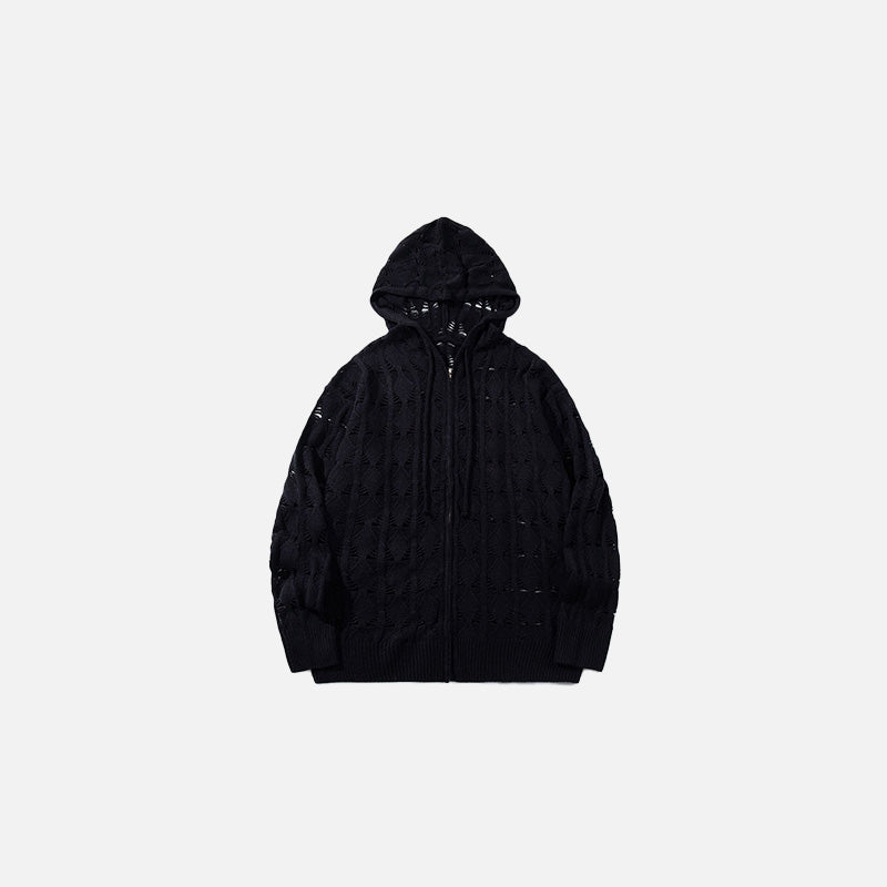 Front view of the black Textured Knitted Hooded Sweater in a gray background