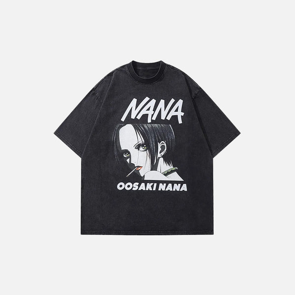 Front view of the black Oosaki Nana Rock T-shirt in a gray background