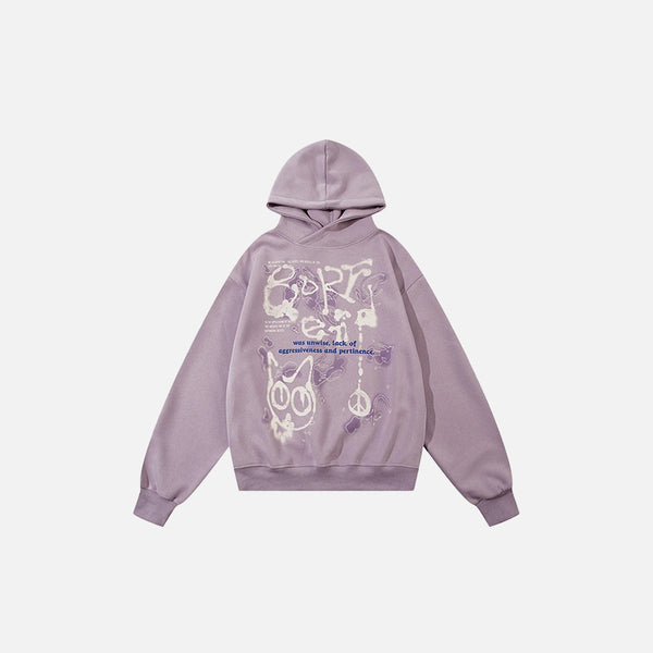 Front view of the purple Peace And Chaos Hoodie in a gray background