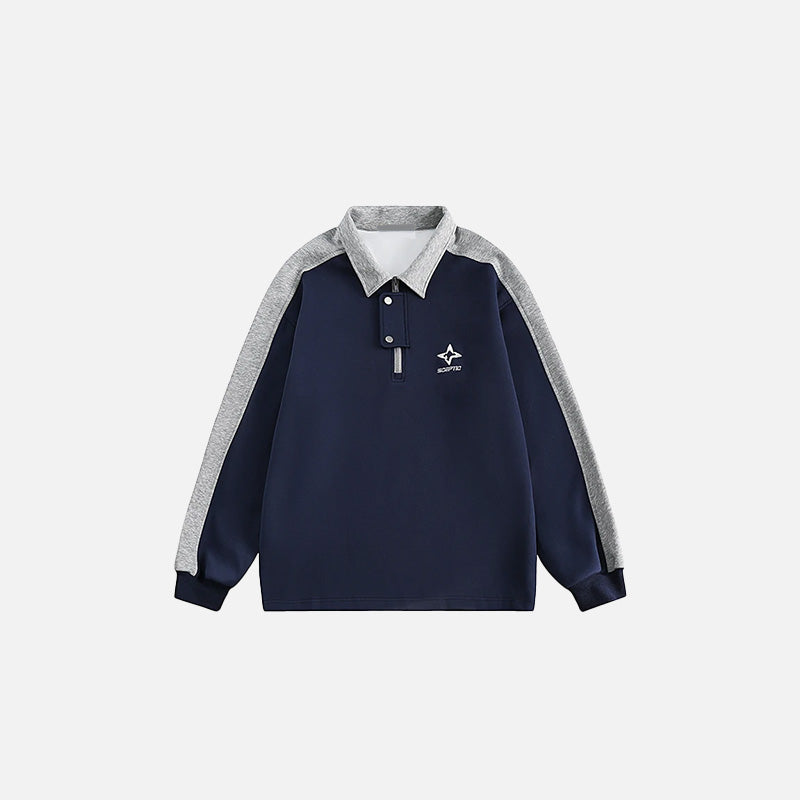 Front view of the navy blue Racing Embroidery Long-sleeved Shirt in a gray background