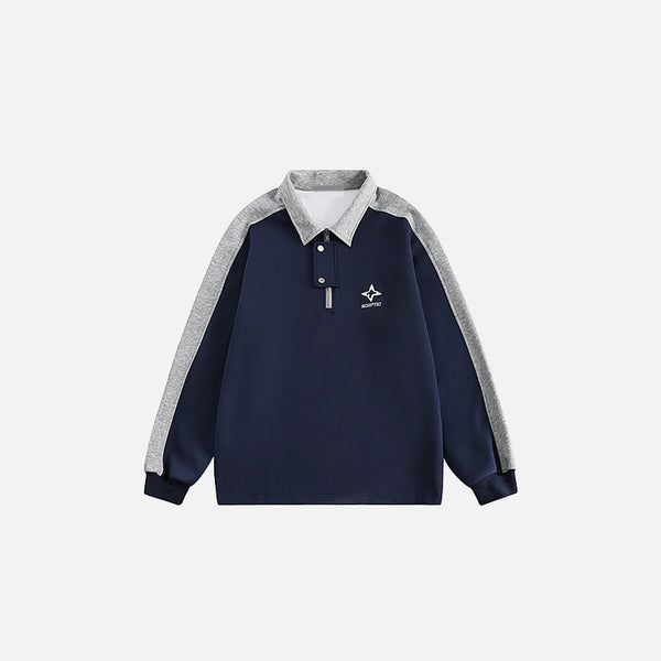 Front view of the navy blue Racing Embroidery Long-sleeved Shirt in a gray background