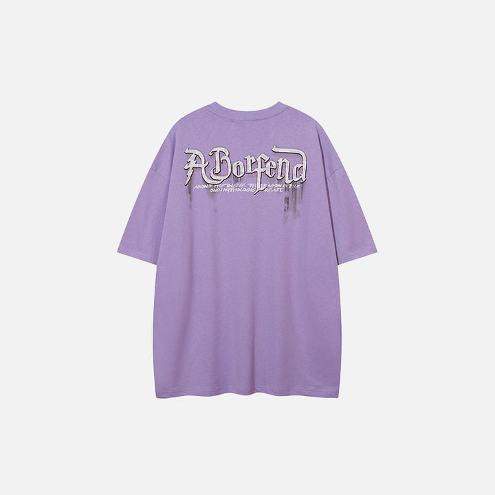 Back view of the purple Retro Manga Graphic T-shirt in a gray background