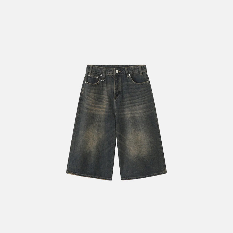 Front view of the blue Vintage Washed Denim Shorts in a gray background