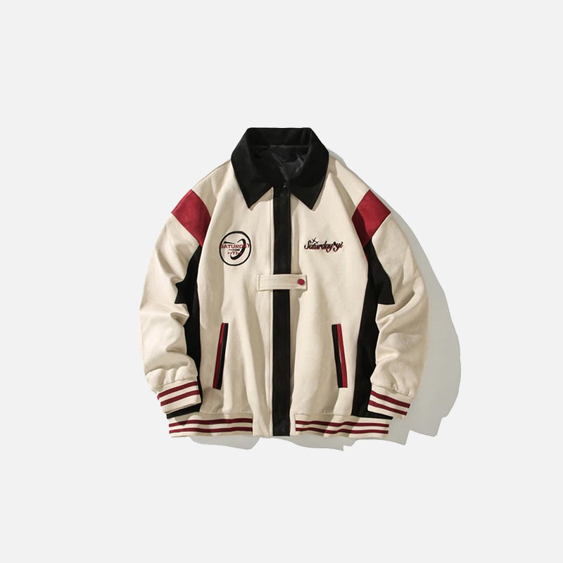 Front view of the beige Retro Status Varsity Jacket in a gray background