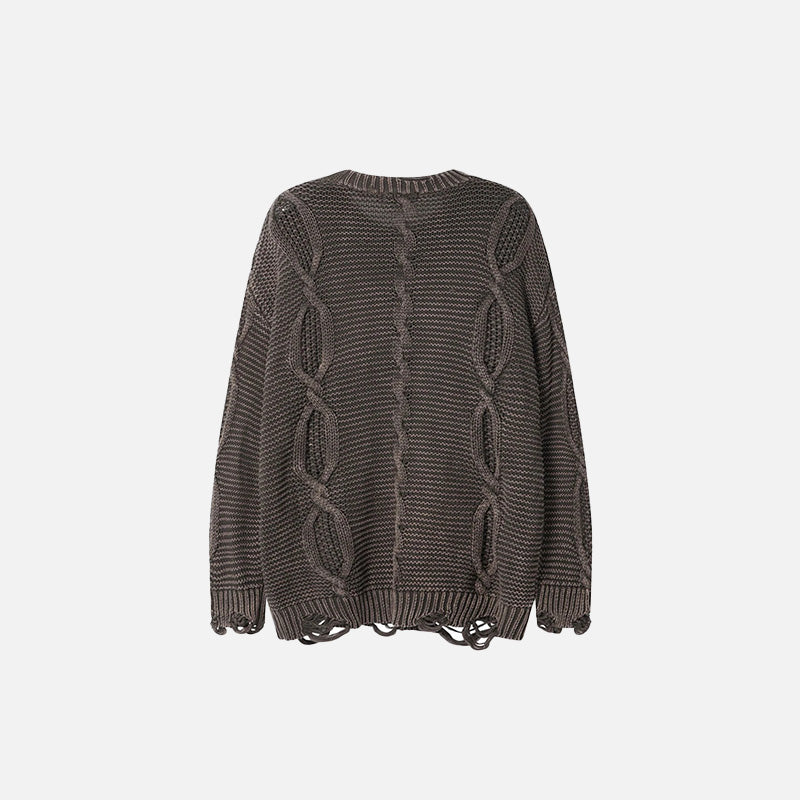 Back view of the brown Twisted Cable Knit Sweater in a gray background