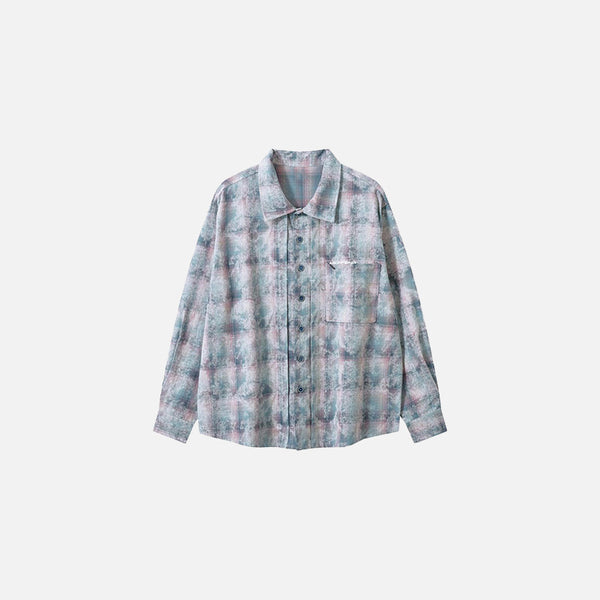 Front view of the blue Textured Grid Button-Up Shirt in a gray background