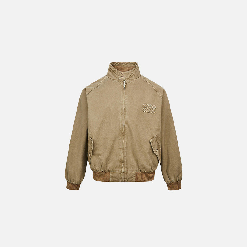 Front view of the khaki Retro Vintage Zip-Up Jacket in a gray background