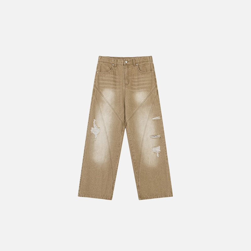 Front view of the khaki Vintage Distressed Wide-Leg Jeans in a gray background