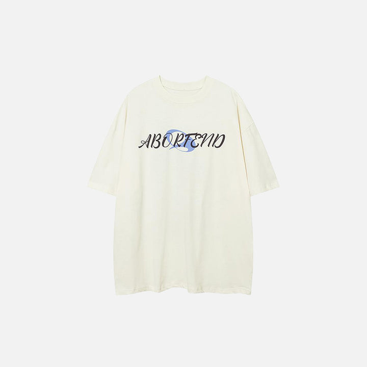 Front view of the beige Midnight Aura Aborted T-shirt in a gray background