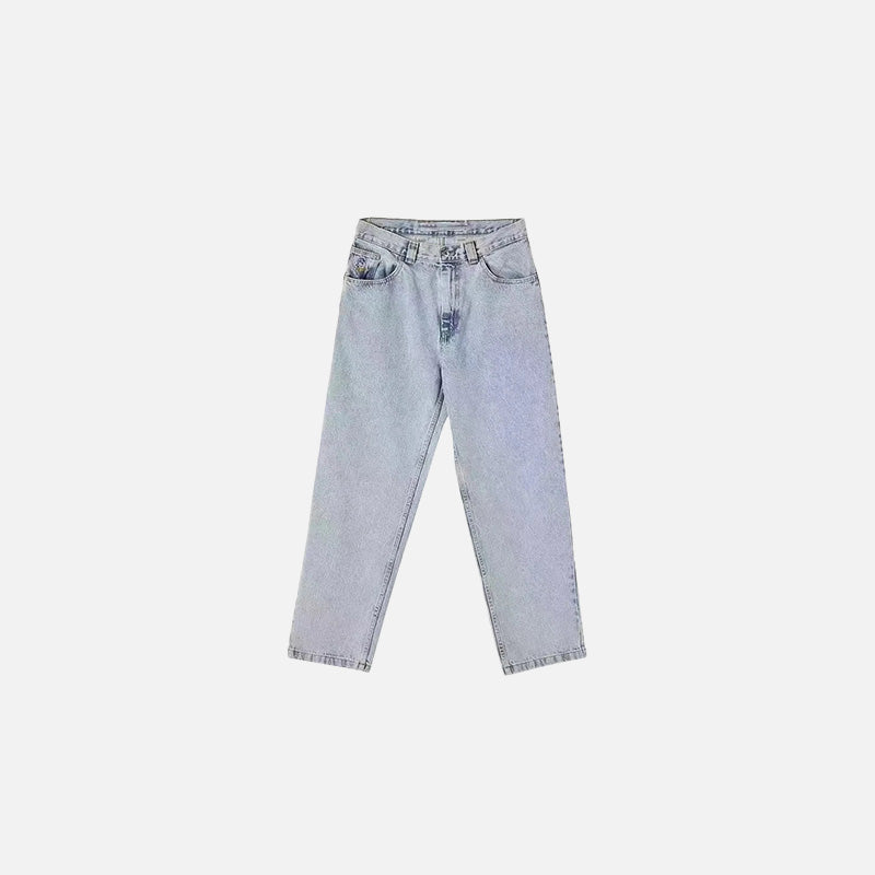 Front view of the blue Classic Straight-Leg Denim Jeans in a gray background