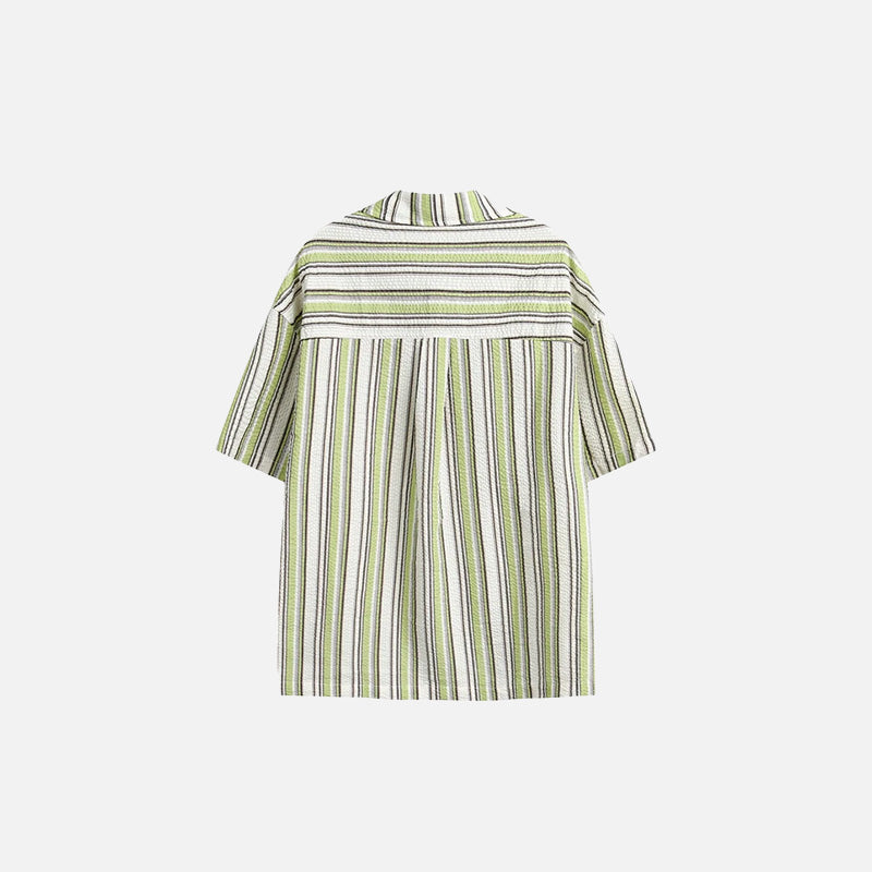 Back view of the green Striped Short-Sleeve Women's Shirt in a gray background