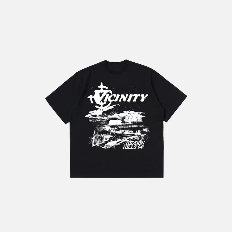 Front view of the black Vicinity Hidden Hills 94 T-shirt in a gray background