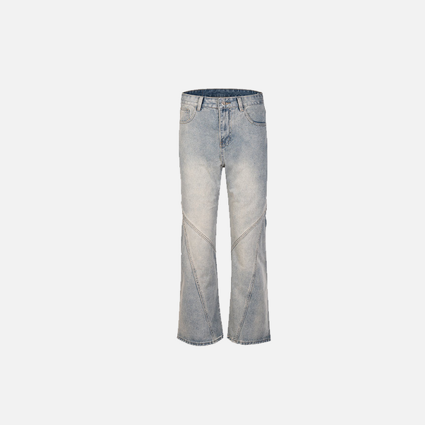 Front view of the blue Vintage Inspired Distressed Flare Jeans in a gray background