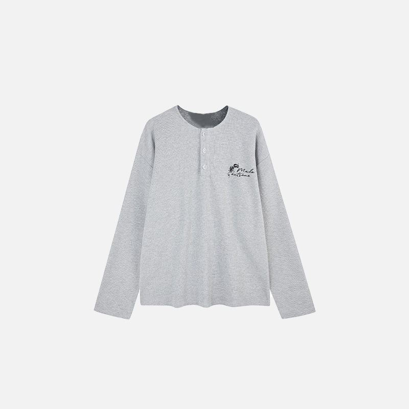 Front view of the grey Embroidered Henley T-shirt in a gray background