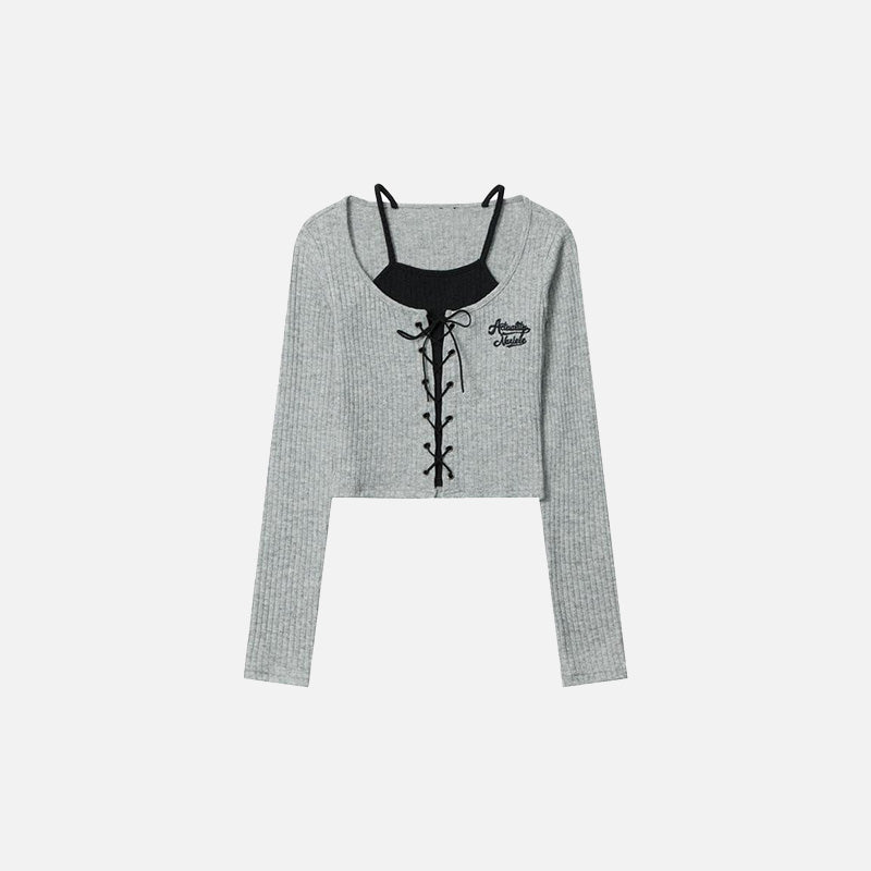 Front view of the grey Women's Laced Elegant Layered Cardigan  in a gray background