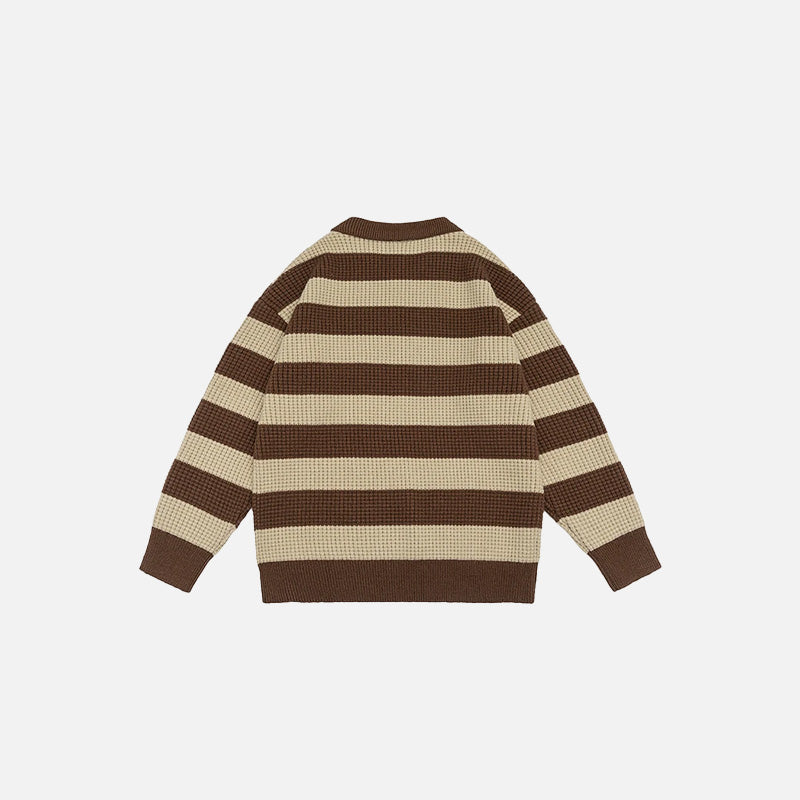 Back view of the brown Classic Striped Polo Sweatshirt in a gray background