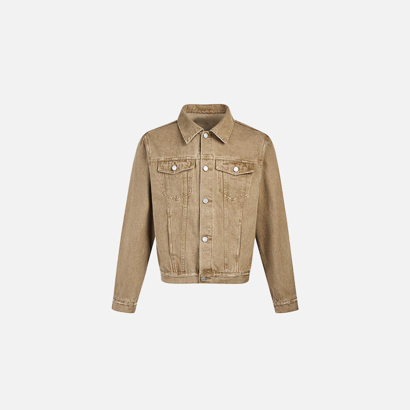 Front view of the khaki Classic Denim Trucker Jacket in a gray background