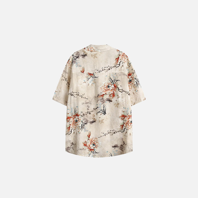 Back view of the beige Women's Floral Elegant Shirt in a gray background